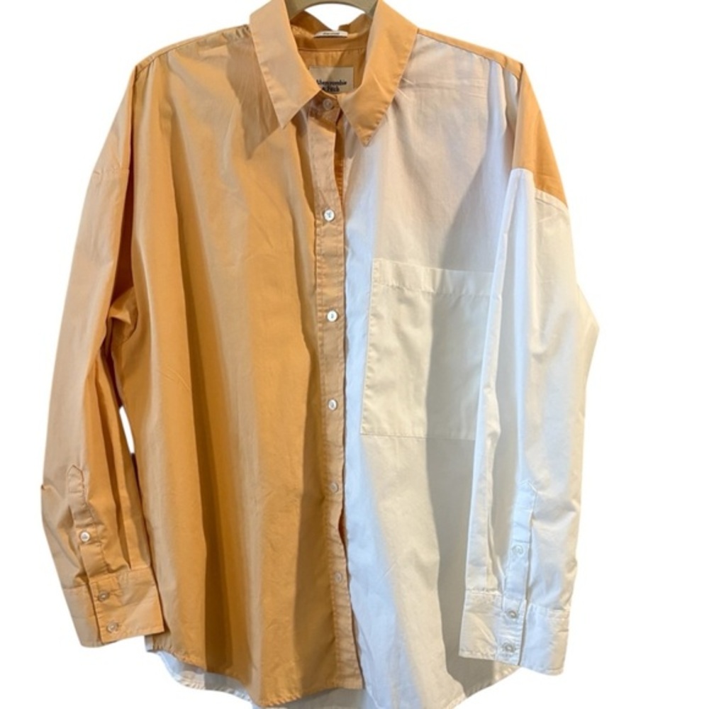 Abercrombie Women's Poplin Colorblock Preppy Coastal Button-Down Top Size L